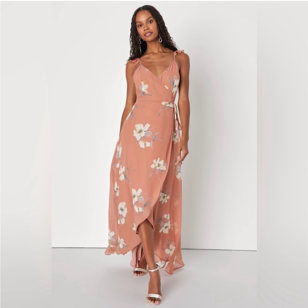 Lulu’s All Mine Rusty Rose Floral Print High-Low Wrap Dress Size Medium